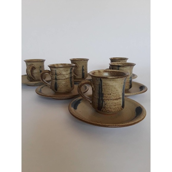 Vintage Stoneware Cup and Saucer Sets Coffee Miniature Expresso Rustic Dishes - Picture 3 of 7